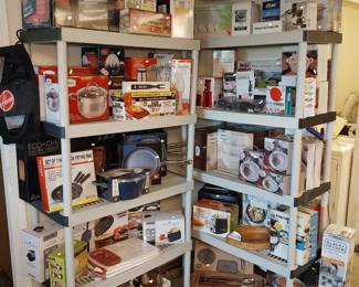 new in box kitchen gadgets, crock pots, pots and pans, food processors, Black and Decker coffee pot