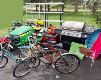 John Deere x300 lawn tractor, Troy Bilt 3550 generator, Black and Decker leaf blower, Snapper ss822 ex snow blower, Yard Man string trimmer, Craftsman string trimmer, Remington ranger electric chain saw, gas grill, banana seat bike