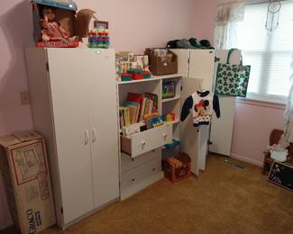kids, books, storage cabinets, pack n play