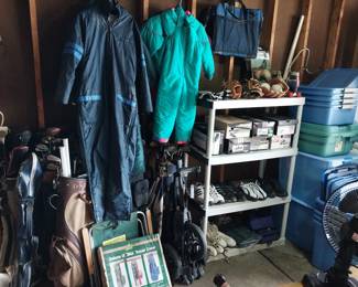 golf clubs, bags, 3 wheel caddy, cleats, softball mitts, totes, roller skates