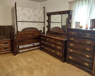 Queen bed, queen headboard, chest of drawers, dressers with mirrors, nightstand, hamper