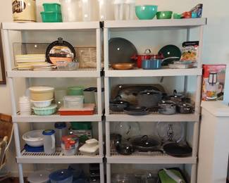 Tupperware, plastic storage, glassware, pots and pans, food processors, Black and Decker coffee pot, Mr. Coffee thermos