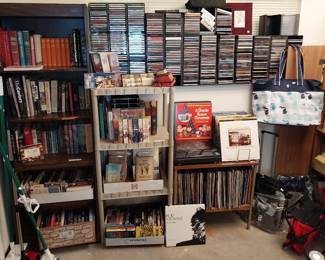 CDs, Books, Vinyl records, record player, Michigan bag