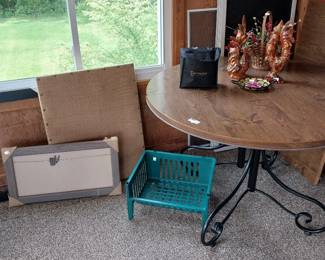 round table with metal legs and leaf, wall decor, rooster figurines