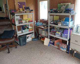 La Z Boy office chair, office supplies, file cabinet, desk, paper shredders