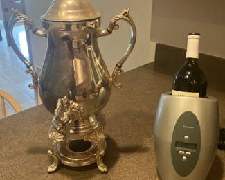 Large silver coffee urn, Brookstone wine chiller