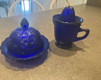 Cobalt glass covered butter, cobalt glass reamer with cup