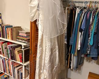 Bedroom - Books, wedding dress with veil, Women's clothing (mostly small & medium) Shoes are 7 and 71/2
