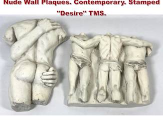 Lot 743 2pc Composite material Semi Male Nude Wall Plaques. Contemporary. Stamped Desire TMS. 