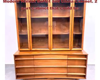 Lot 970 Young Manufacturing Mid Century Modern Walnut Buffet and China Cabinet. 2 part cabinet that could be