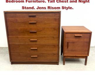 Lot 702 2pcs Mid Century Modern Walnut Bedroom Furniture. Tall Chest and Night Stand. Jens Risom Style. 