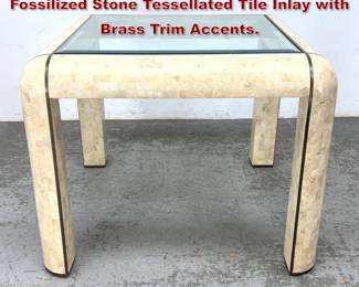 Lot 919 Maitland Smith style Dining Table. Fossilized Stone Tessellated Tile Inlay with Brass Trim Accents. 