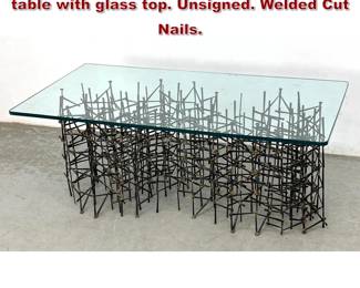 Lot 676 Marcreates Mark Weinstein coffee table with glass top. Unsigned. Welded Cut Nails. 