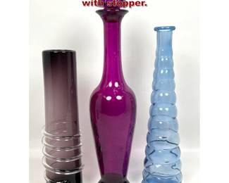 Lot 904 3pcs Art Glass Bottle Vases. 1 with stopper. 