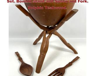 Lot 998 Mid Century Modern Salad Serving Set. Bowlon stand and Spoon and Fork. Dolphin Teakwood. 