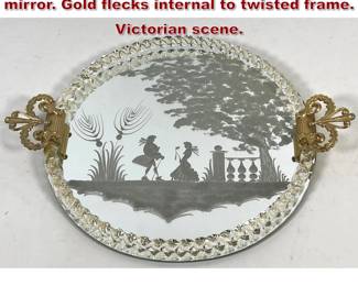 Lot 810 Vintage Venetian Etched vanity tray mirror. Gold flecks internal to twisted frame. Victorian scene. 
