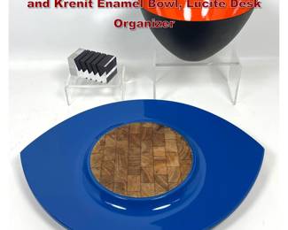 Lot 908 3pcs. Jens Quistgaard Dansk Platter and Krenit Enamel Bowl, Lucite Desk Organizer