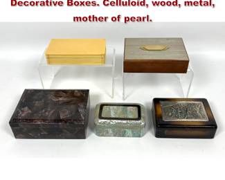 Lot 1073 5pcs Dresser Boxes. Vintage Decorative Boxes. Celluloid, wood, metal, mother of pearl.