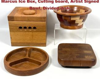 Lot 1049 4pcs Wood Tablewares. Neiman Marcus Ice Box, Cutting board, Artist Signed Bowl, Divided dish. 