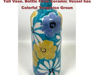 Lot 806 Italian Glazed Pottery RAYMOR 15 Tall Vase. Bottle Form Ceramic Vessel has Colorful Turquoise Groun
