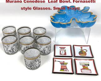 Lot 850 Modern Glass Lot. Blue Venetian Murano Cenedese Leaf Bowl. Fornasetti style Glasses. Small Trays. 