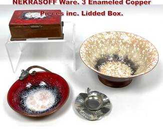 Lot 841 4pc Mid Century Modern NEKRASOFF Ware. 3 Enameled Copper Pieces inc. Lidded Box. 