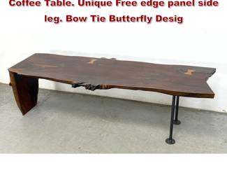 Lot 681 Custom Live Edge Black Walnut Coffee Table. Unique Free edge panel side leg. Bow Tie Butterfly Desig