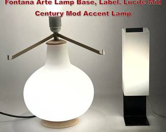 Lot 719 2pcs Modernist Lighting. Italian Fontana Arte Lamp Base, Label. Lucite Mid Century Mod Accent Lamp