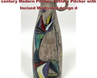 Lot 843 MARCELLO FANTONI Italian Mid century Modern Pitcher. Pottery Pitcher with Incised Modernist design d