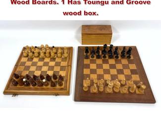 Lot 1071 2 Turned wood Chess sets with Wood Boards. 1 Has Toungu and Groove wood box. 