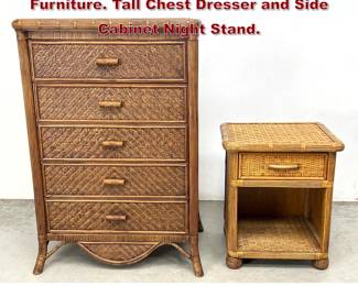 Lot 1007 2pcs Rattan Split Reed Bedroom Furniture. Tall Chest Dresser and Side Cabinet Night Stand. 