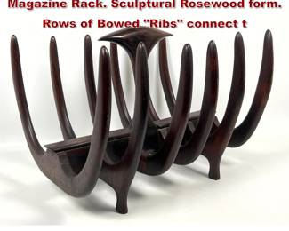 Lot 614 Mid Century Modern Rib Motif Magazine Rack. Sculptural Rosewood form. Rows of Bowed Ribs connect t