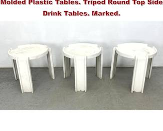 Lot 1016 Set 3 Nesting Stacking SYROCO Molded Plastic Tables. Tripod Round Top Side Drink Tables. Marked. 