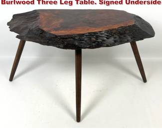 Lot 610 James Martin New Hope PA Burlwood Three Leg Table. Signed Underside