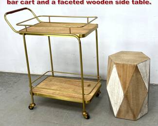 Lot 1017 2pcs decorative furniture. Twotier bar cart and a faceted wooden side table.