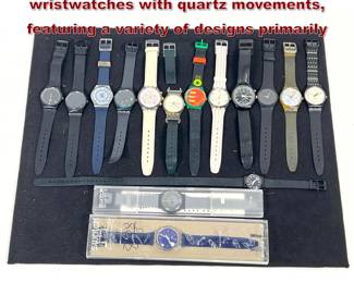 Lot 879 Assortment of 15 Swatch wristwatches with quartz movements, featuring a variety of designs primarily