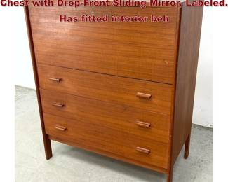 Lot 1024 Danish Modern Teak Gentlemans Chest with DropFront Sliding Mirror, Labeled. Has fitted interior beh