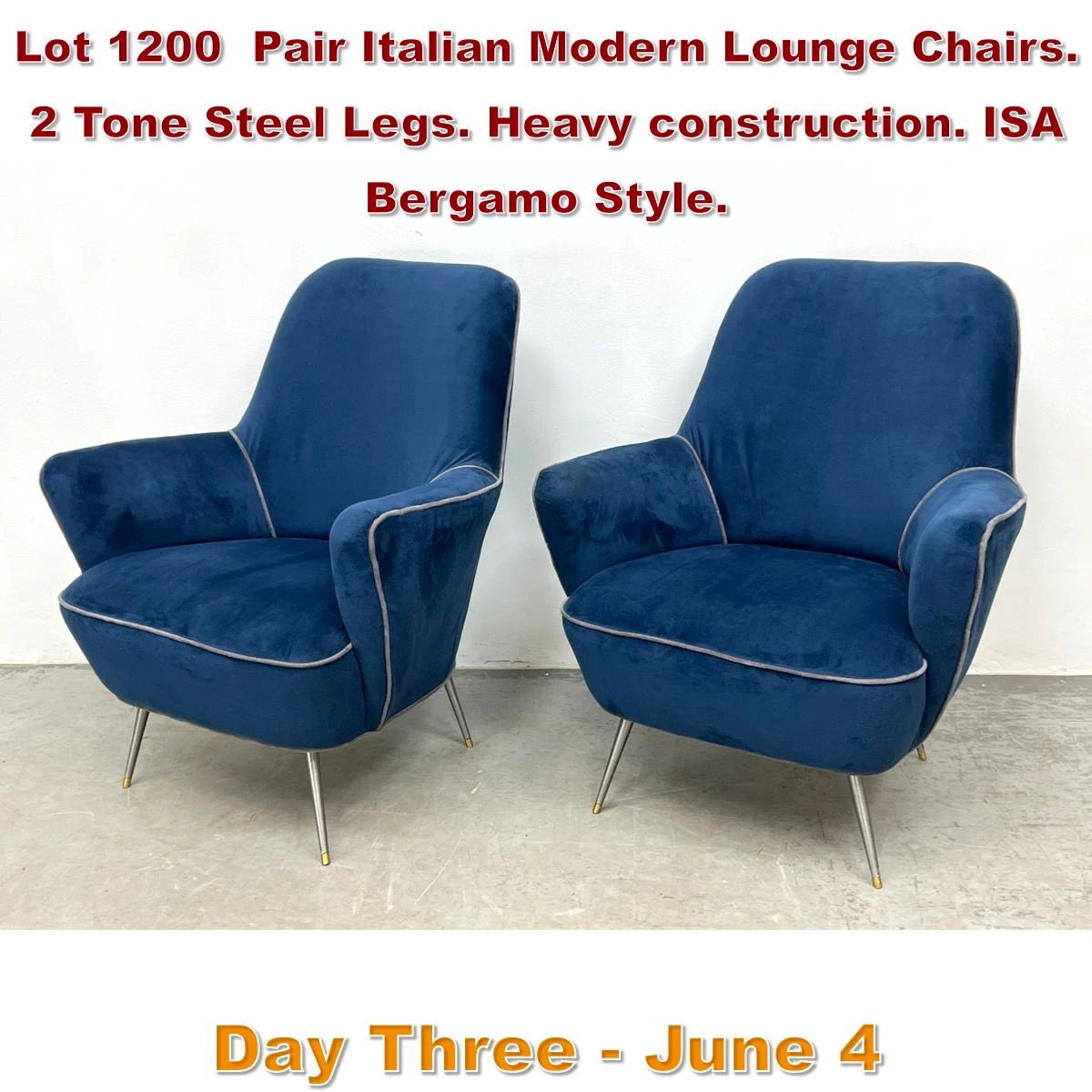 Lot 1200 Pair Italian Modern Lounge Chairs. 2 Tone Steel Legs. Heavy construction. ISA Bergamo Style.