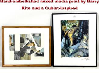 Lot 1230 2pcs Mid Century Modern Art. Handembellished mixed media print by Barry Kite and a Cubistinspired 