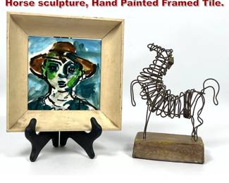 Lot 1514 2pcs Mid Century Modern. Wire Horse sculpture, Hand Painted Framed Tile.