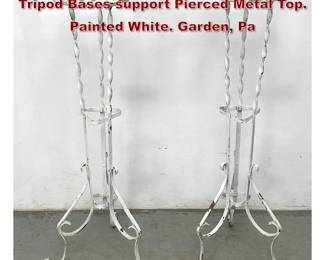 Lot 1544 Pr Iron Outdoor Tall Plant Stands. Tripod Bases support Pierced Metal Top. Painted White. Garden, Pa