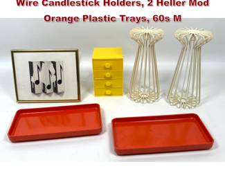 Lot 1481 Mid Century Modern Lot. Pair Ikea Wire Candlestick Holders, 2 Heller Mod Orange Plastic Trays, 60s M