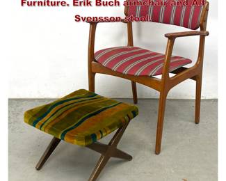 Lot 1413 2pcs Mid Century Modern Furniture. Erik Buch armchair and Alf Svensson stool. 