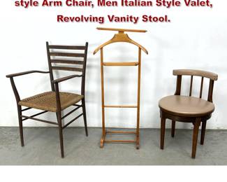 Lot 1404 3pcs Mid Century Modern Ponti style Arm Chair, Men Italian Style Valet, Revolving Vanity Stool. 