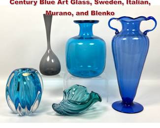 Lot 1499 5pcs Art Blown Art Glass Lot. Mid Century Blue Art Glass, Sweden, Italian, Murano, and Blenko
