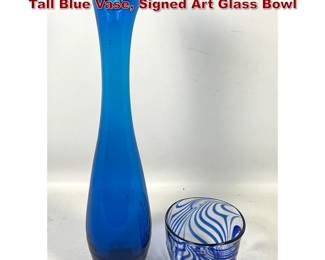 Lot 1264 2pcs Art Glass. Blenko attributed Tall Blue Vase, Signed Art Glass Bowl