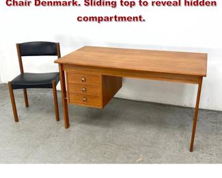 Lot 1263 Danish Modern Teak Desk and Side Chair Denmark. Sliding top to reveal hidden compartment. 
