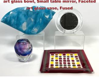 Lot 1508 Modernist Glass Lot. Signed ribbon art glass bowl, Small table mirror, Faceted art glass vase, Fused