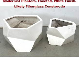 Lot 1560 2pc Geometric Origami style Modernist Planters. Faceted. White Finish. Likely Fiberglass Constructio