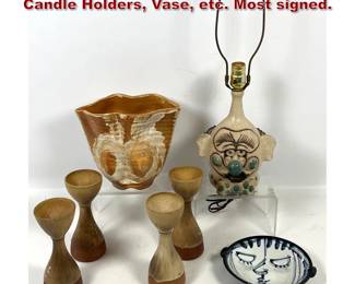 Lot 1493 7pcs Studio art Pottery. Lamp, Candle Holders, Vase, etc. Most signed.